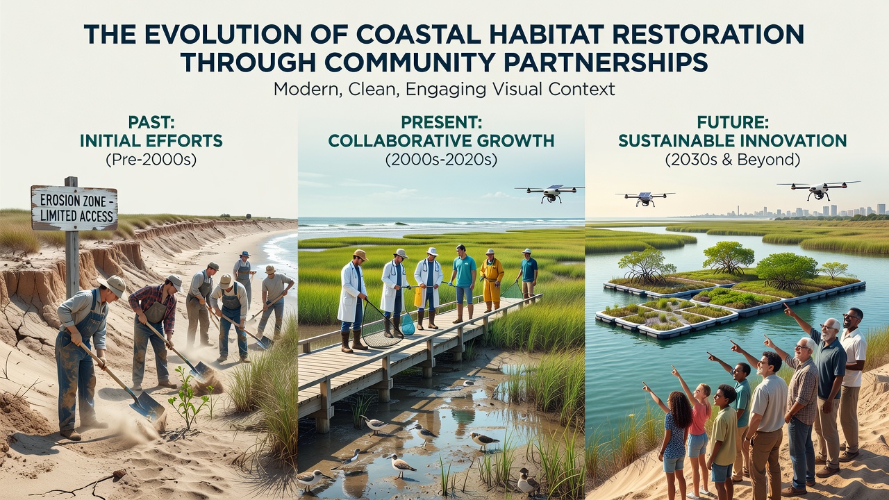 Aerial view of restored coastal wetlands with community partnership signage and monitoring equipment